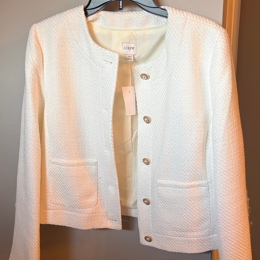 J. Crew Cream Bouclé Collarless Jacket with Gold Buttons